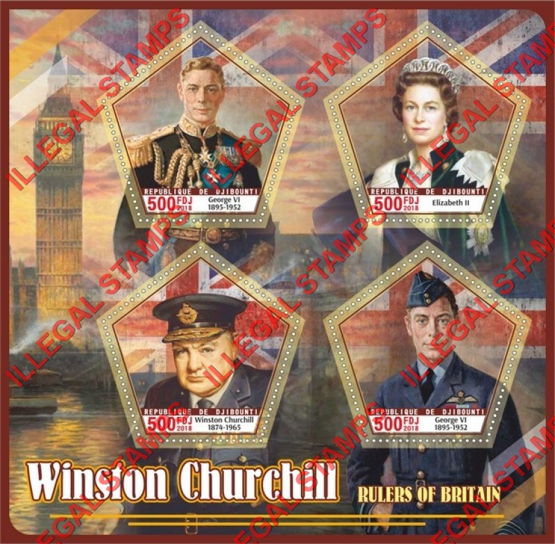 Djibouti 2018 Winston Churchill and Rulers of Britain Illegal Stamp Souvenir Sheet of 4 Djibouti 2018 Winston Churchill and Rulers of Britain Illegal Stamp Souvenir Sheet of 4